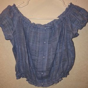 off the shoulder cropped blue top